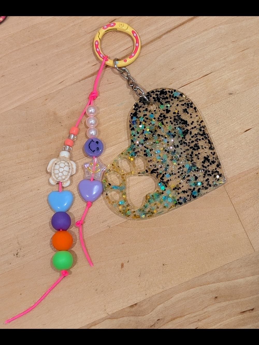 Glitter Heart Keychain with Bead Charm - Pink & Multicolor